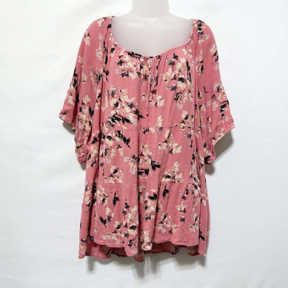 Torrid Size 3 3X Pink Floral Rayon Short Sleeve Babydoll Top